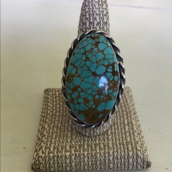 UNISEX SIGNED Jewelry - MASSIVE Sterling Silver Turquoise #8 Ring Sz 10